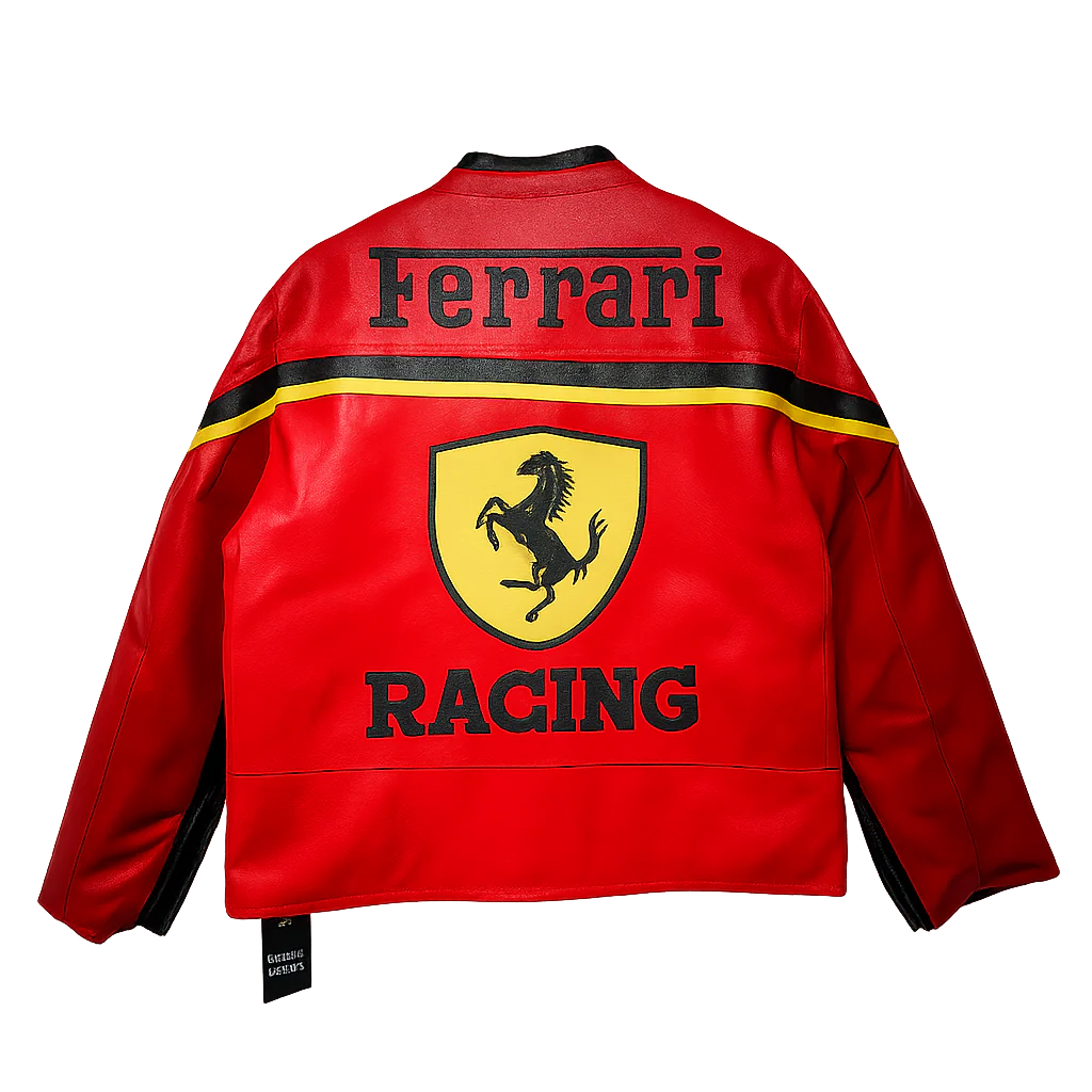Y2K Stili Ferrari Yarış Motorcu Deri Ceketi