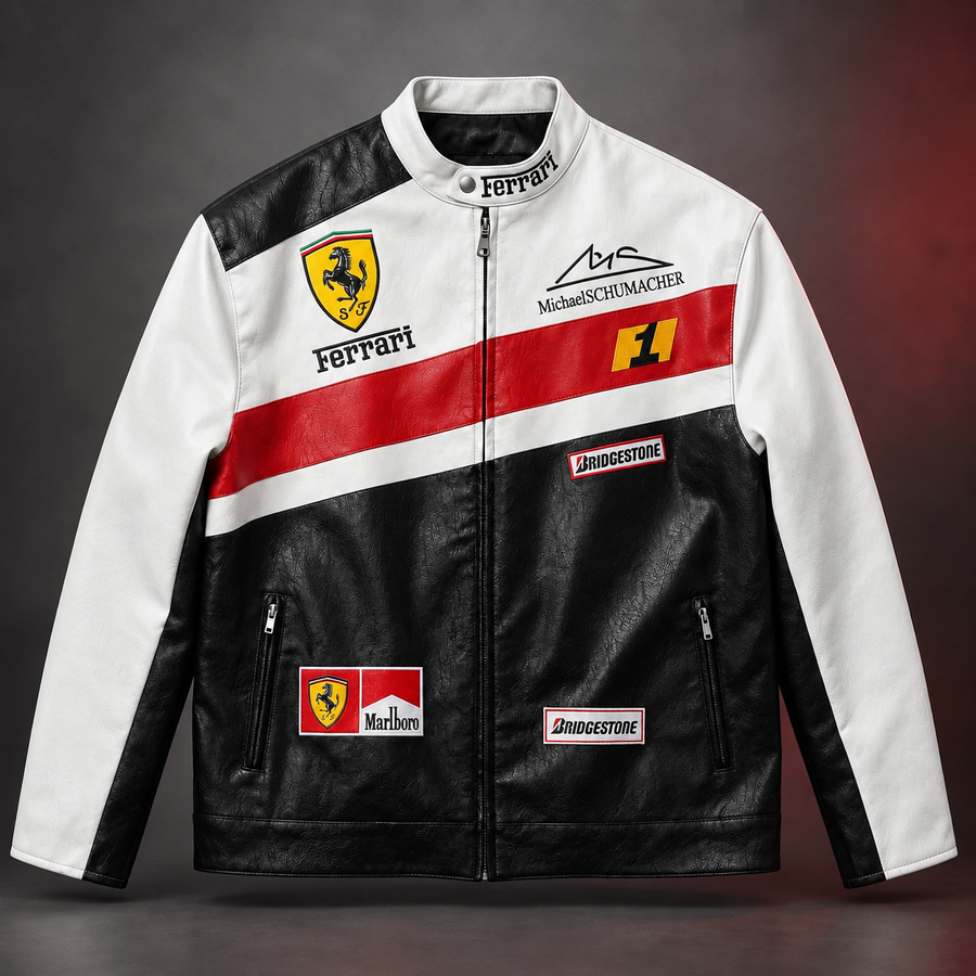 Vintage Ferrari F1 Michael Schumacher Deri Ceketi - Beyaz-Kırmızı Serisi