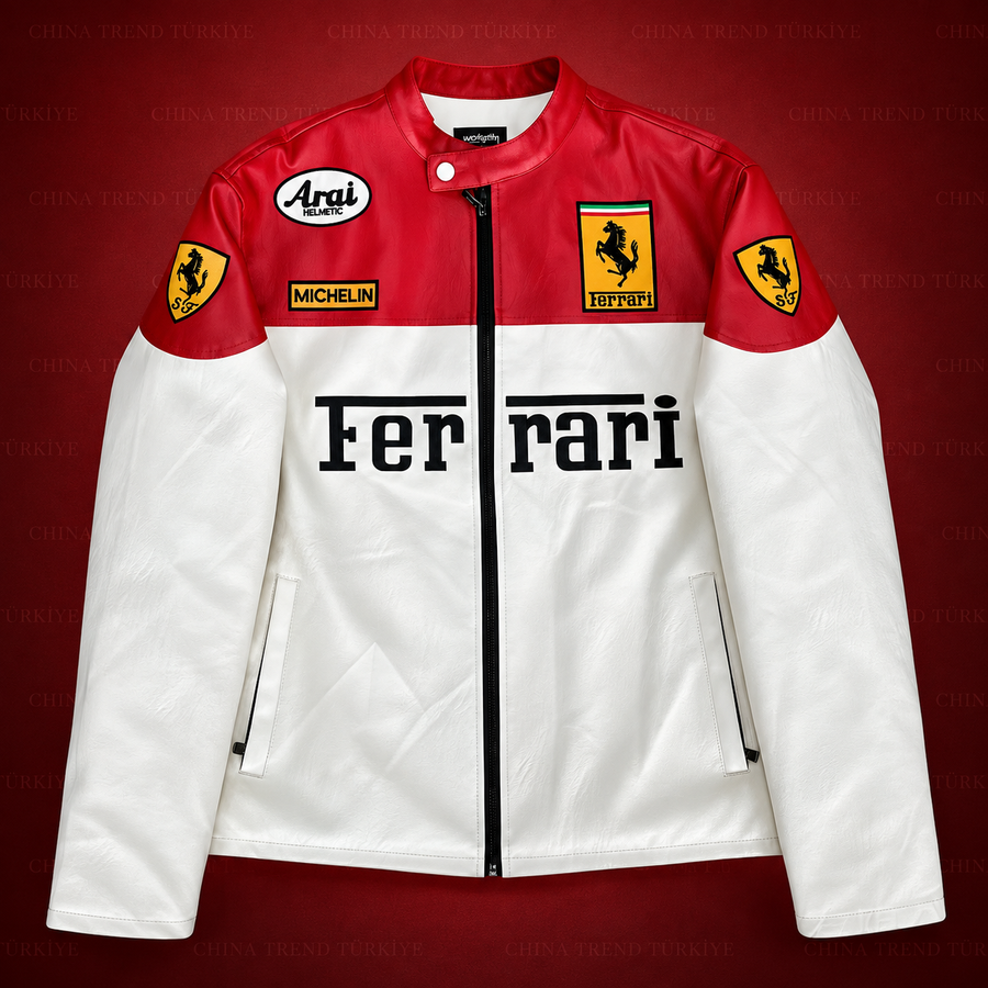 Ferrari F1 Deri Ceketi - Beyaz-Kırmızı Serisi