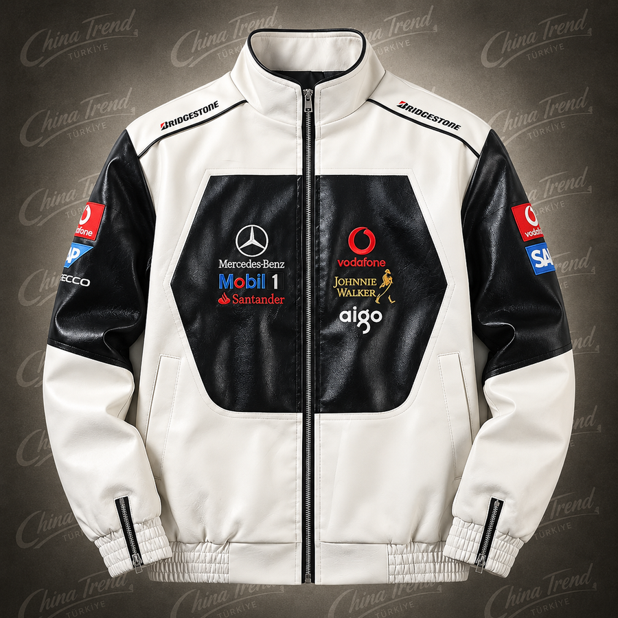Vintage Deri McLaren Mercedes Ceketi - Retro F1 Stili
