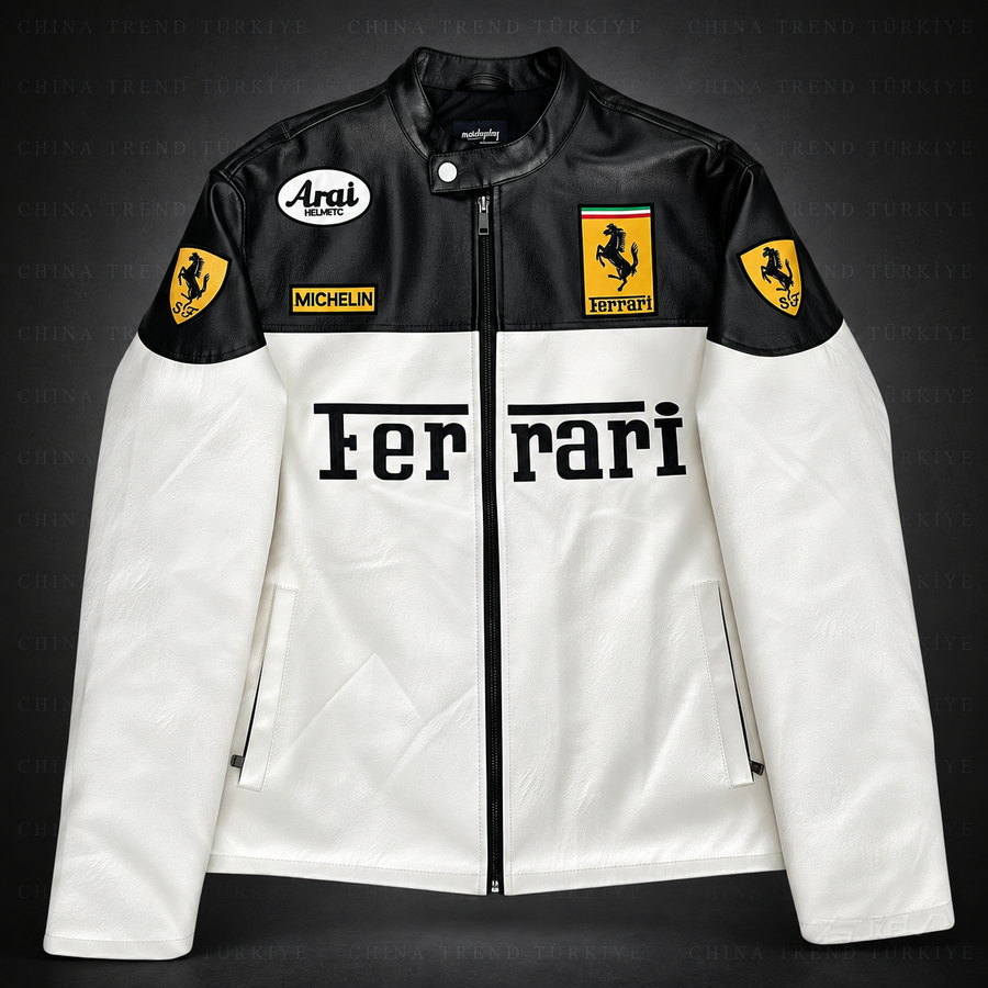 Ferrari F1 Deri Ceketi - Siyah-Beyaz Serisi