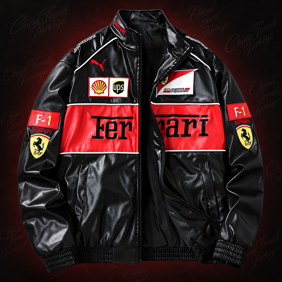 Vintage Ferrari F1 Deri Ceketi - Kırmızı Serisi