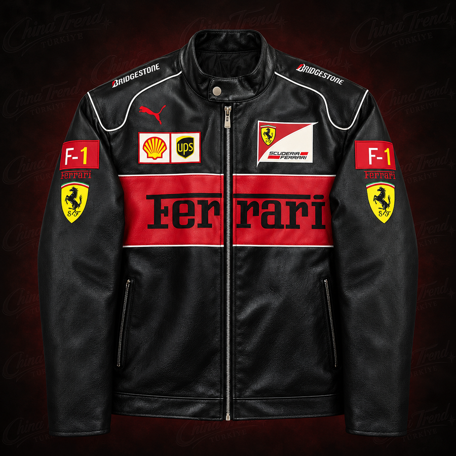 Klasik Ferrari F1 Deri Ceketi - Siyah-Kırmızı