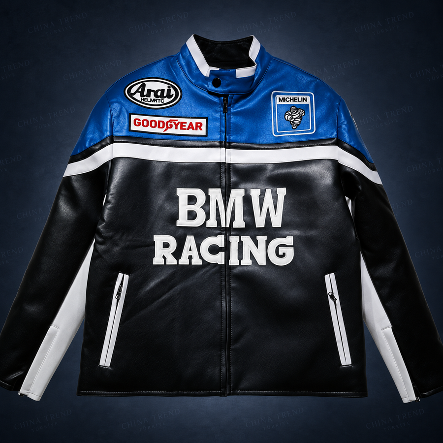 BMW ve NASCAR Lüks Siyah-Mavi Deri Ceketi