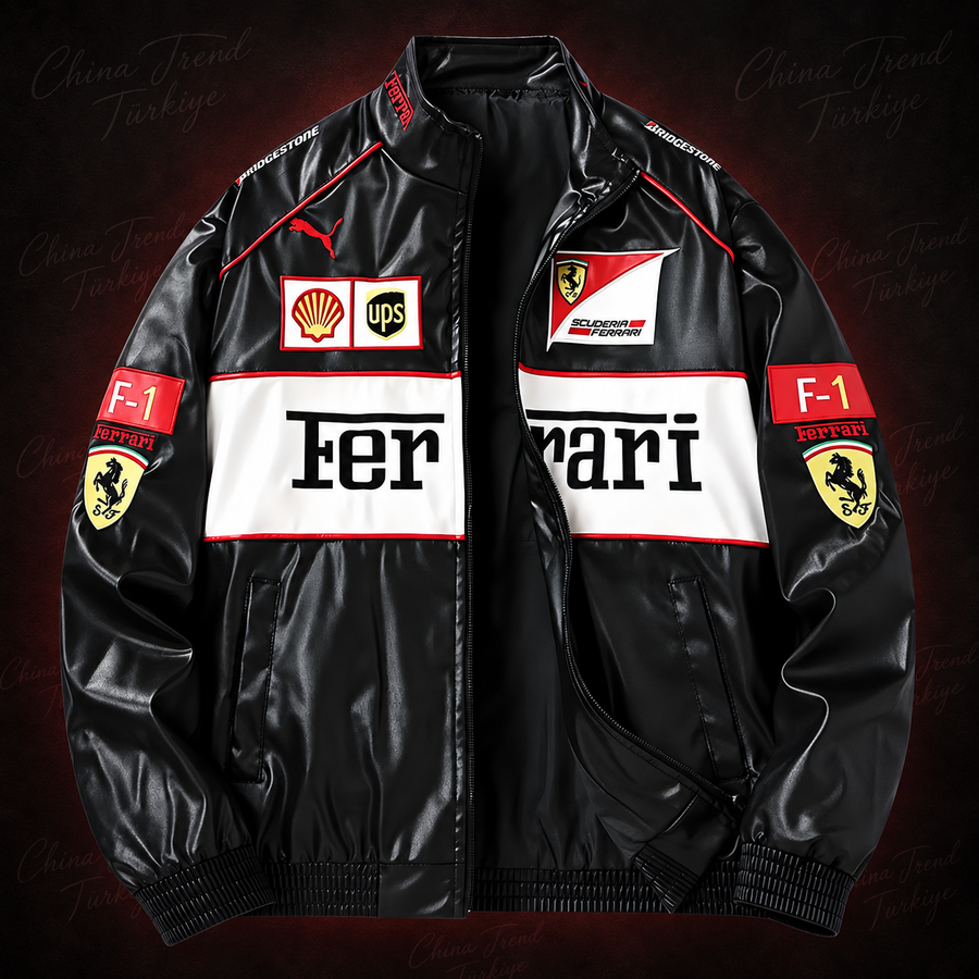 Vintage Ferrari F1 Deri Ceketi - Beyaz Serisi