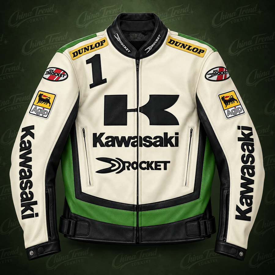 Kawasaki x Joe Rocket Yarış Deri Ceketi - Beyaz-Yeşil Serisi