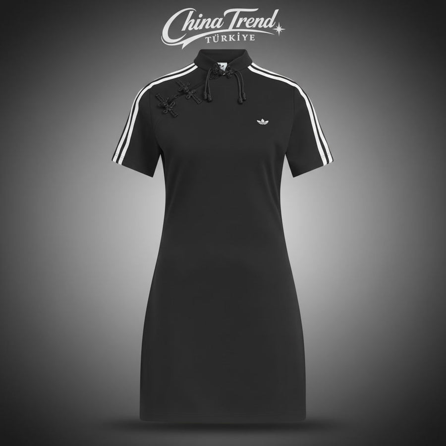 Çin Tarzı Siyah Polo Elbise - Siyah