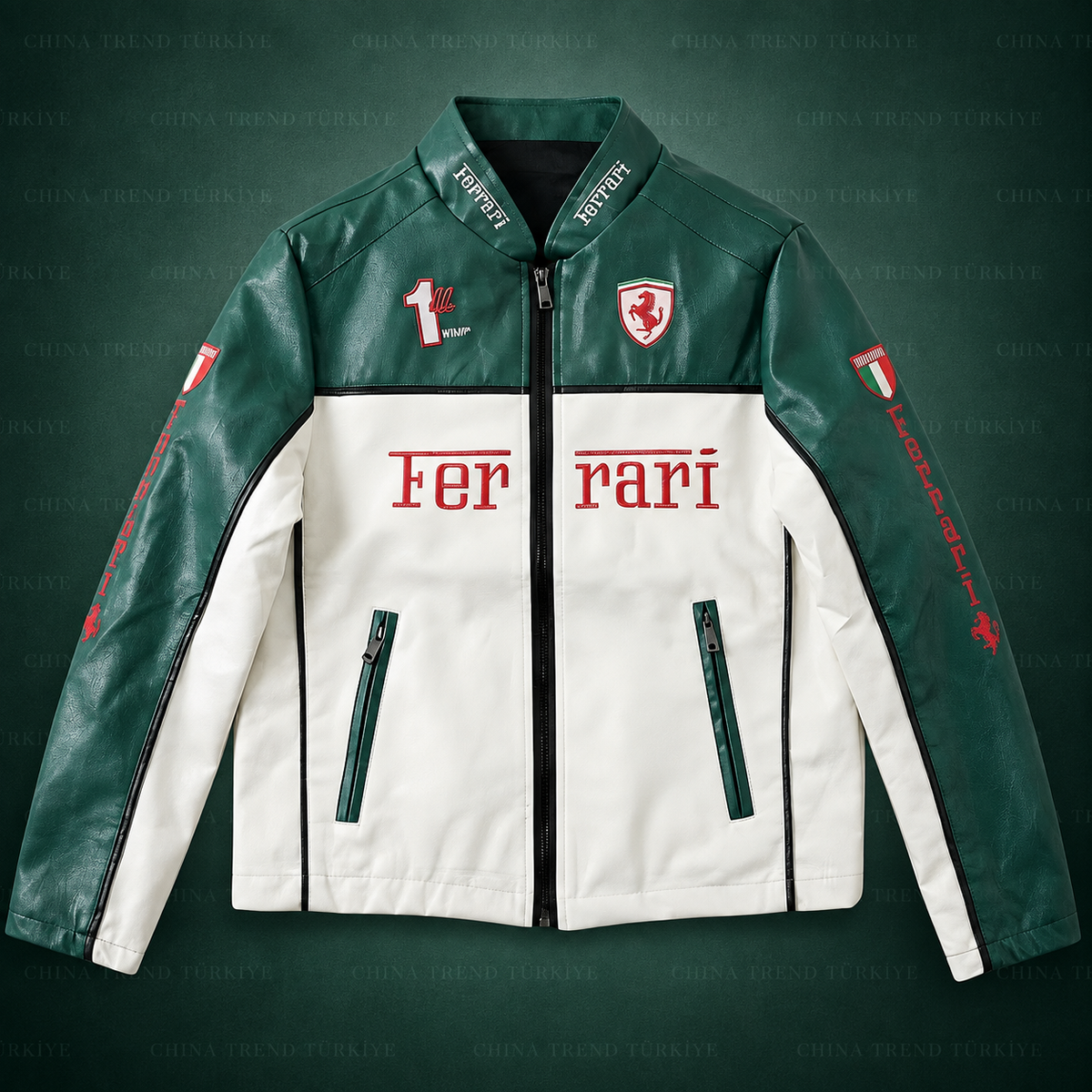 Ferrari F1 Deri Ceketi - Beyaz-Yeşil Serisi