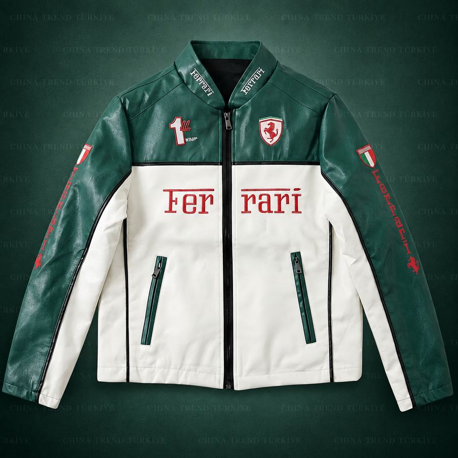 Ferrari F1 Deri Ceketi - Beyaz-Yeşil Serisi