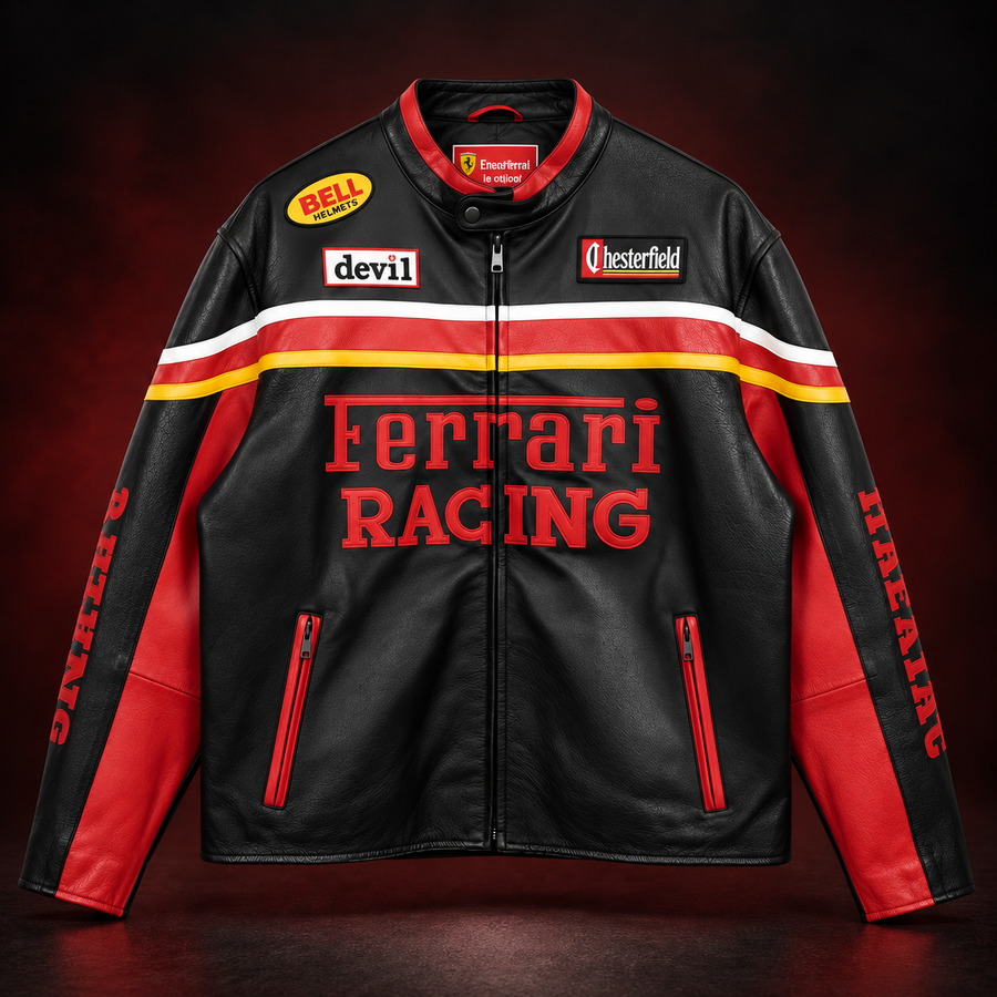 Vintage Ferrari Yarış Deri Ceketi - Retro F1 Stili