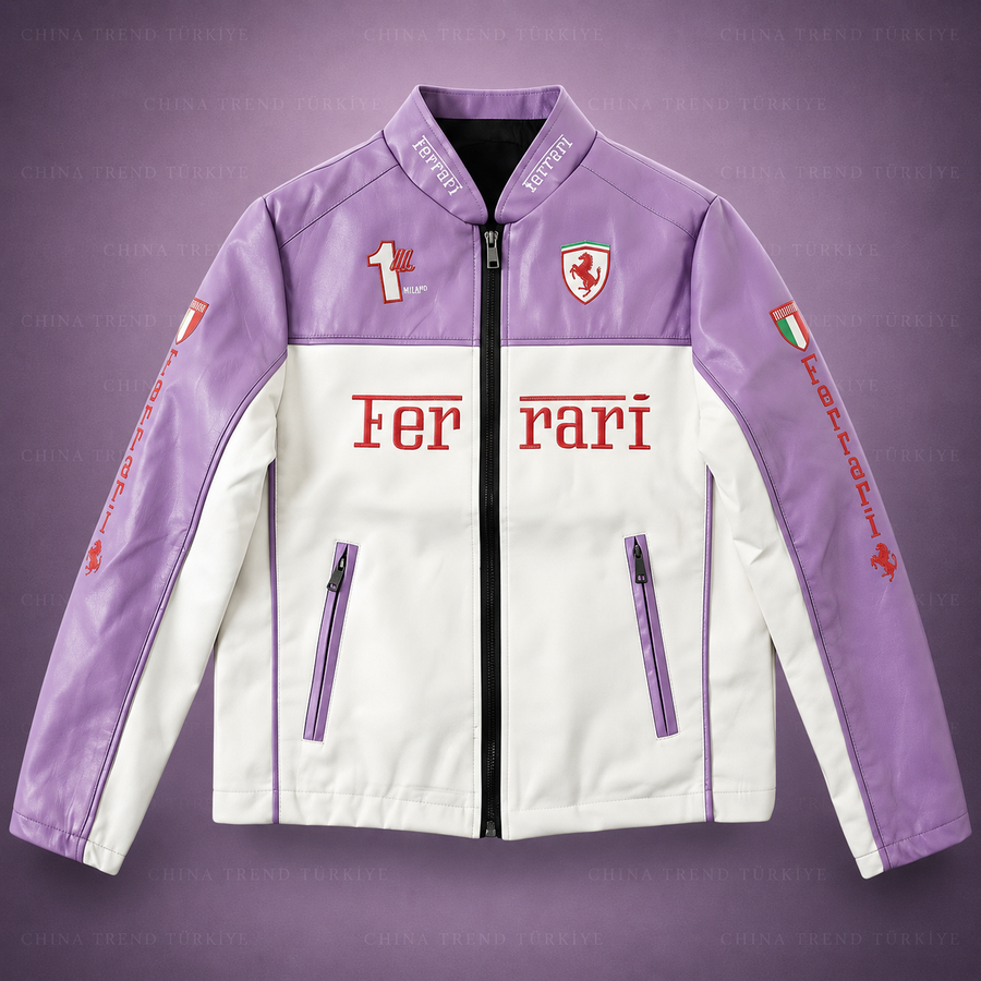 Ferrari F1 Deri Ceketi - Beyaz-Mor Serisi