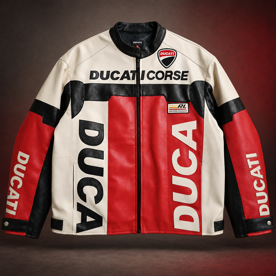 Ducati Corse Yarış Deri Ceketi - Üç Renkli Vintage Stili