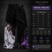 Mor Detaylı Anime Grafik Wide Leg Jean