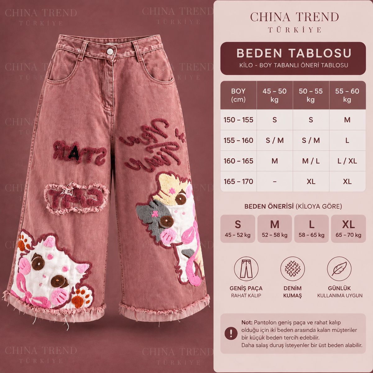 Pembe Patch Detaylı Bol Kesim Jean